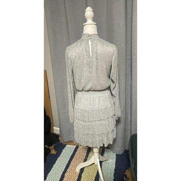 Express Silver Shimmer Pleated Tiered Mini Dress Long Sleeve SM - Picture 4 of 11